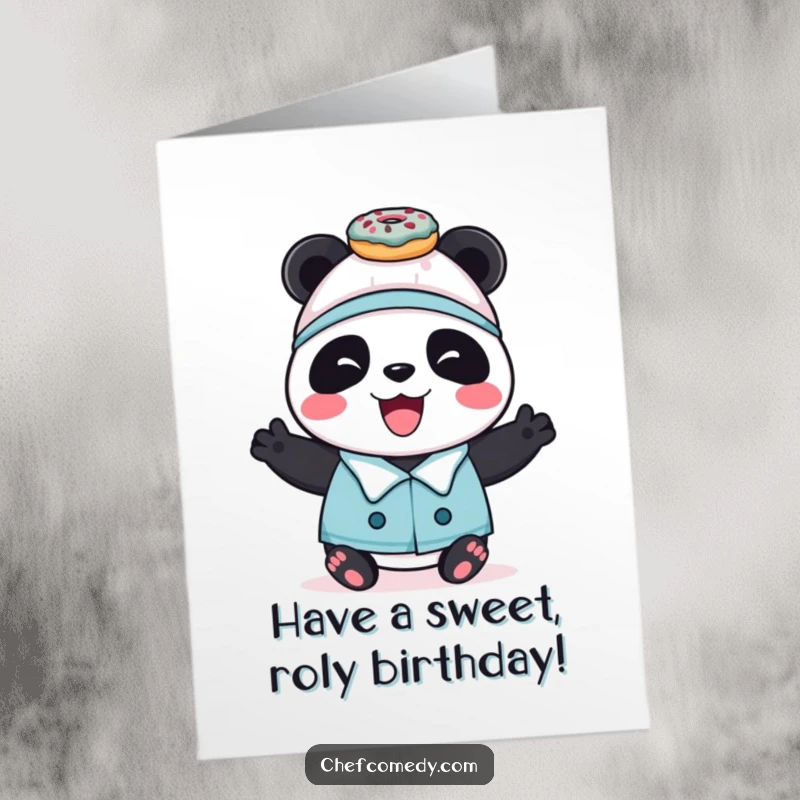 Funny Free Printable Panda Chef Card: A joyful panda chef balances donuts on its head, celebrating a sweet birthday.