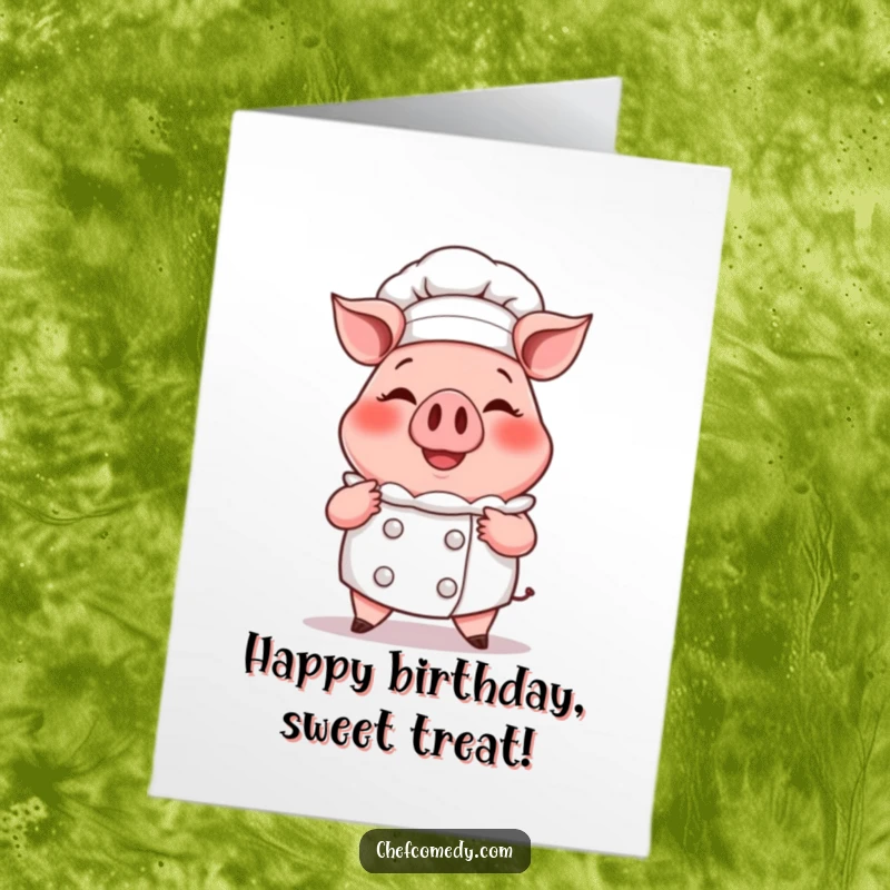 Funny Free Printable pig chef birthday card, smiling proudly presenting a steaming, oversized cupcake, a delightful treat.