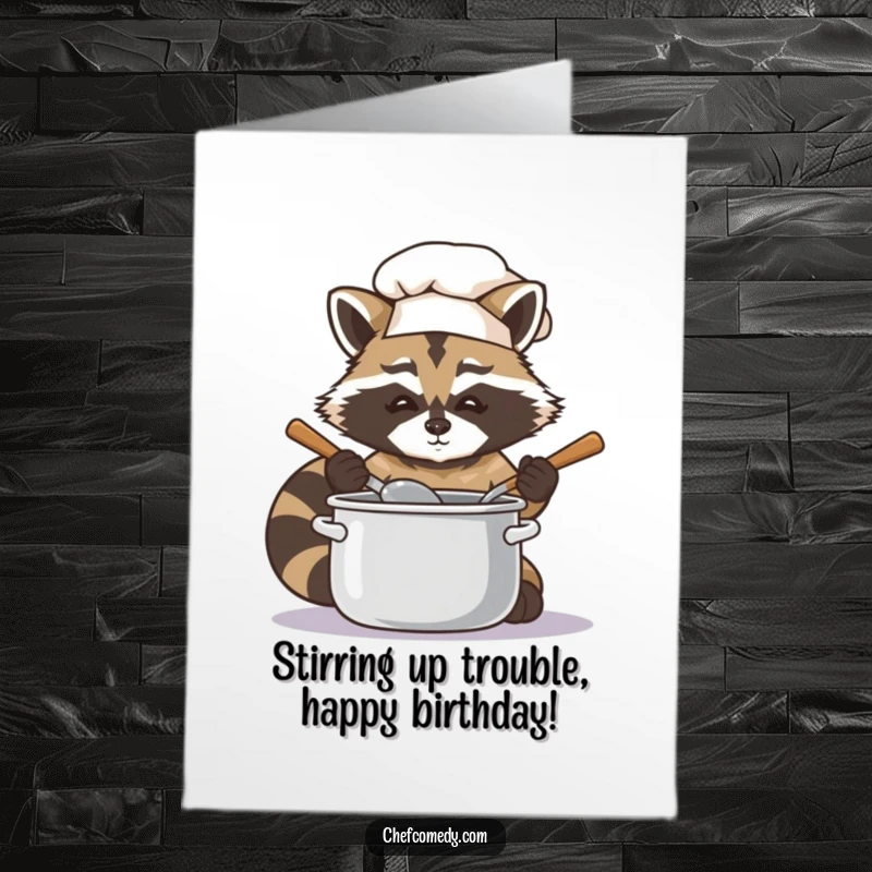 Funny free printable birthday card featuring a focused raccoon chef intently stirring a pot with a wooden spoon.