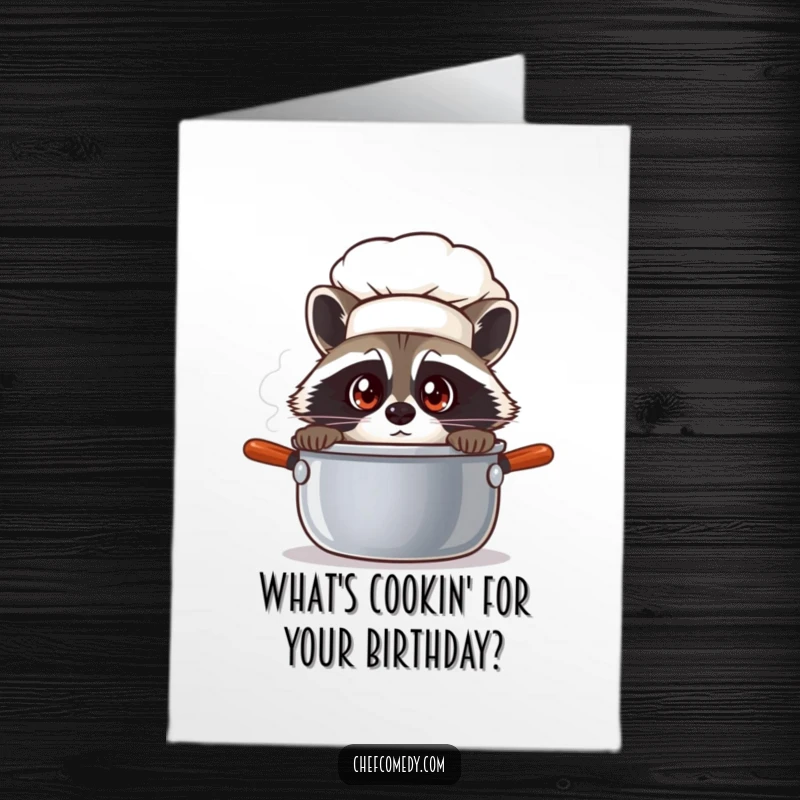 Funny Free Printable Raccoon Chef Card: A curious raccoon chef peeks into a steaming pot, wide-eyed with culinary intrigue.