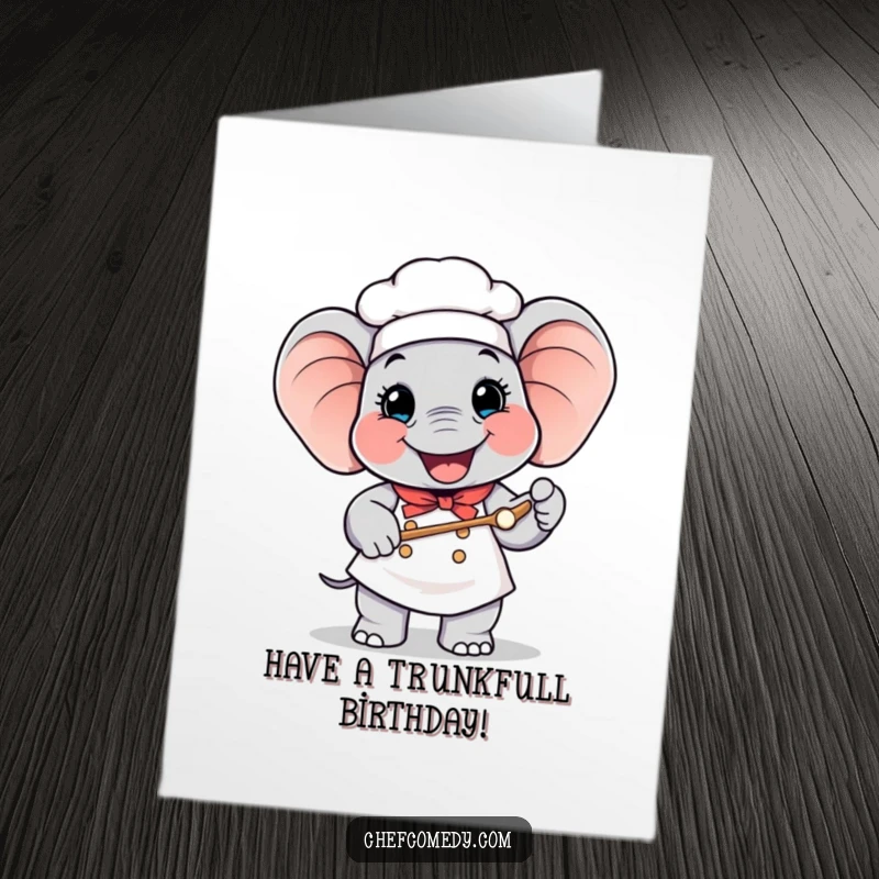 Funny Free Printable Birthday Card: A happy elephant chef joyfully holds a giant spoon, celebrating with culinary cheer.