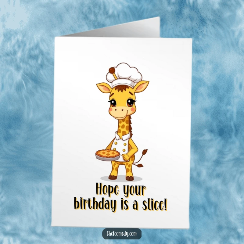 Funny Free Printable Birthday Card: Tall giraffe chef proudly holds a pie, ready to celebrate your special day with a smile.