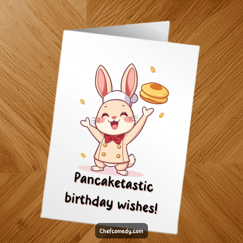 Funny Free Printable Birthday Card: A cheerful rabbit chef tossing a pancake high in the air with excitement for a birthday.