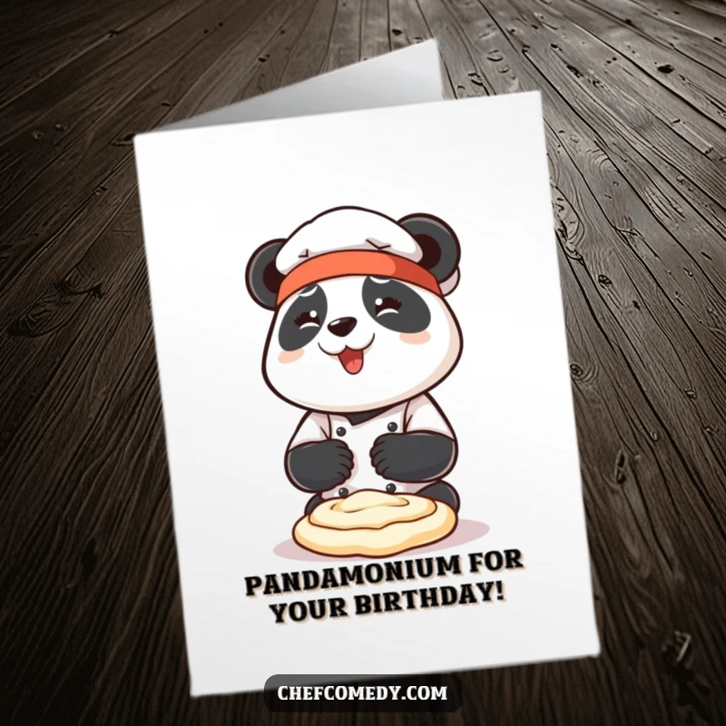 Funny Free Printable Birthday Card: Joyful panda chef enthusiastically kneading dough with both paws, a big smile on its face.