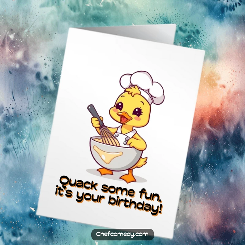 Funny free printable birthday card: Kawaii duck chef energetically whisking batter with a flourish, celebrating with bubbly excitement.
