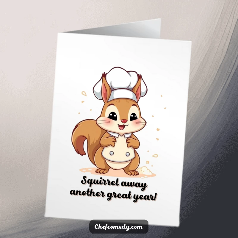 Funny Free Printable Squirrel Chef Card: A playful squirrel chef joyfully sprinkles flour, ready for birthday baking fun.