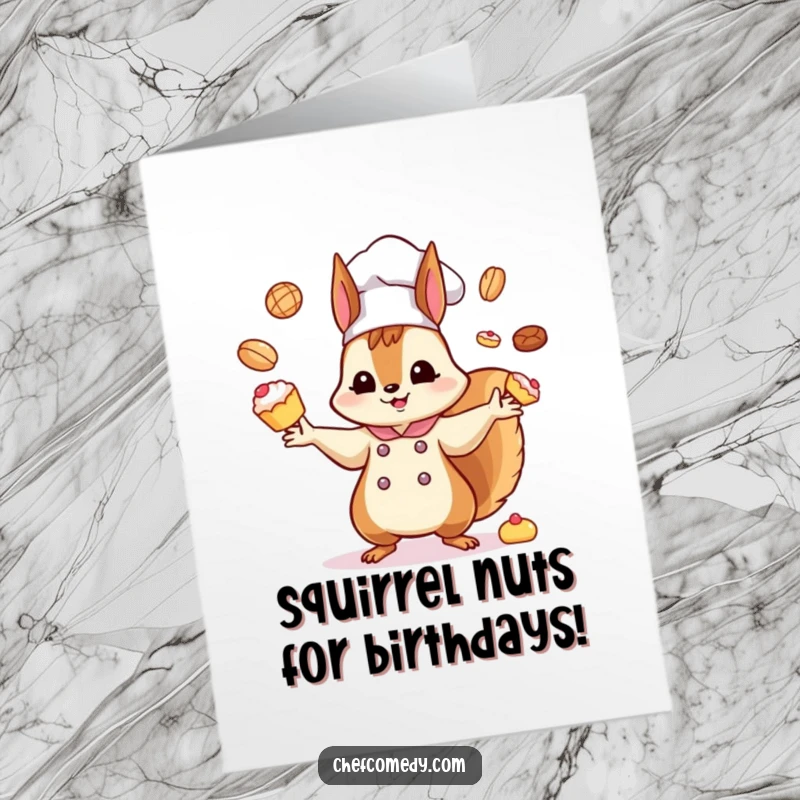 Funny free printable birthday card: Kawaii squirrel chef frantically juggling tiny pastries with a chaotic, joyful expression.