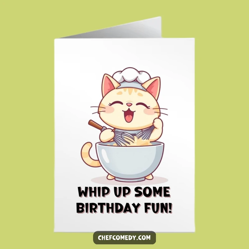 Free Printable Funny Cat Birthday Card: Whisking Up Fun - Downloadable Chef Gift