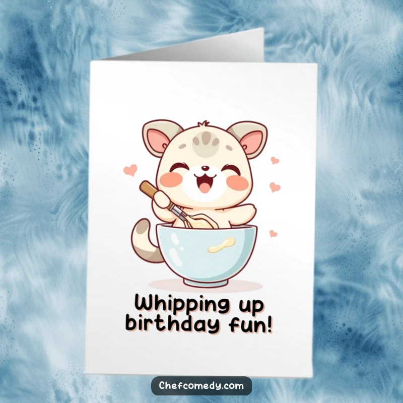 Funny Free Printable Birthday Card: Kawaii animal joyfully whisking thick batter in a bowl with enthusiasm.