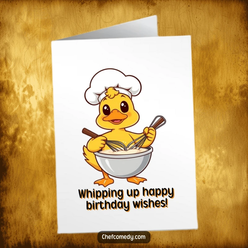 Funny Free Printable Birthday Card: A determined duck chef vigorously whisks thick batter in a bowl, creating birthday excitement.