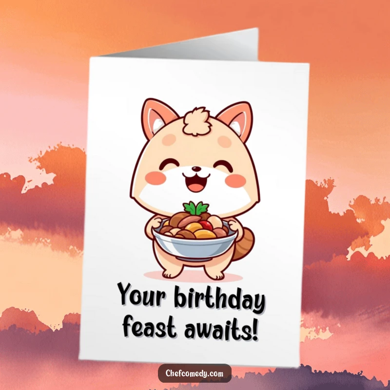 Funny Free Printable Birthday Card: Kawaii animal with a proud smile, presenting a beautifully garnished, delicious dish.