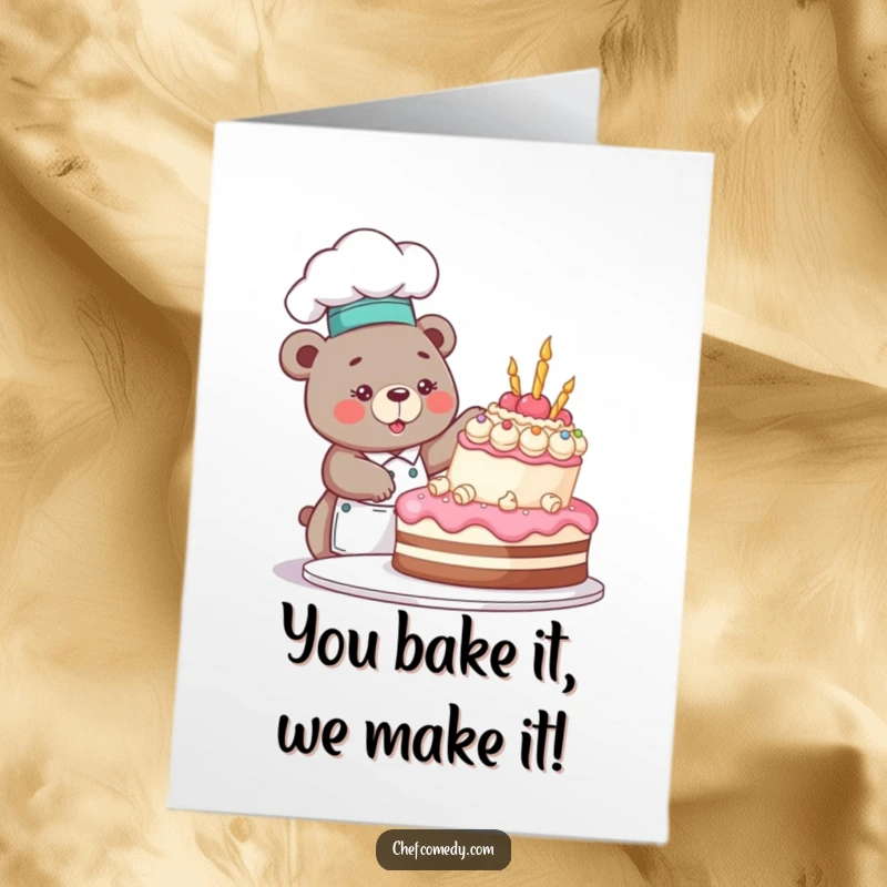Funny Free Printable Congratulations Card: A bear chef celebrates a big win with a beautifully decorated cake.