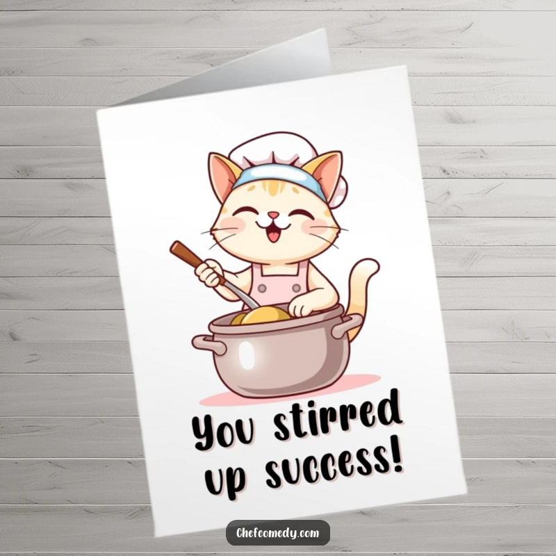 Funny Free Printable Congratulations Card: Kawaii cat chef happily stirring a giant pot, celebrating success.