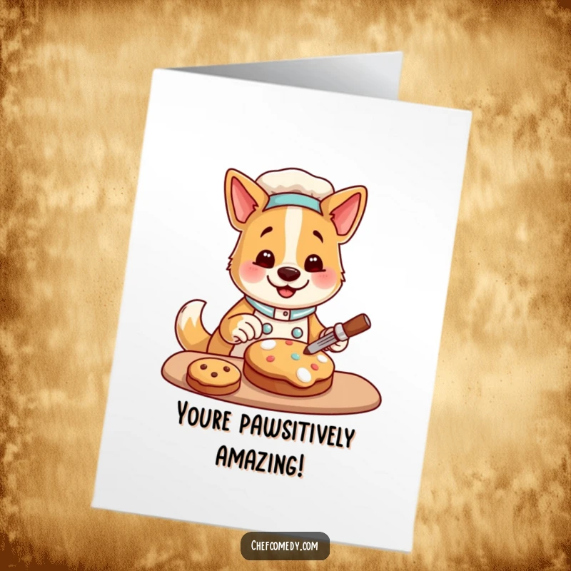 Funny Free Printable Congrats Card shows a dog chef happily decorating a cookie, celebrating an achievement.