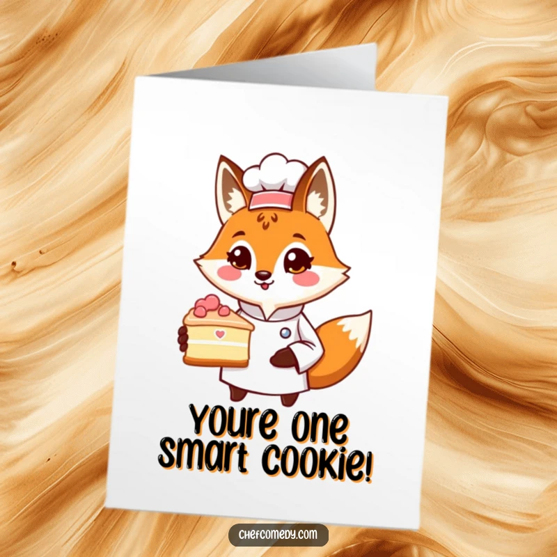 Funny Free Printable Congrats Card with a fox chef proudly offering a cake slice, symbolizing achievement.