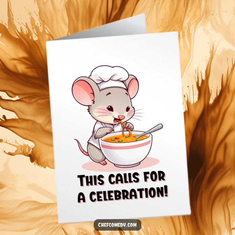 Funny Free Printable Congrats Card: A mouse chef curiously tastes soup, savoring the taste of success.