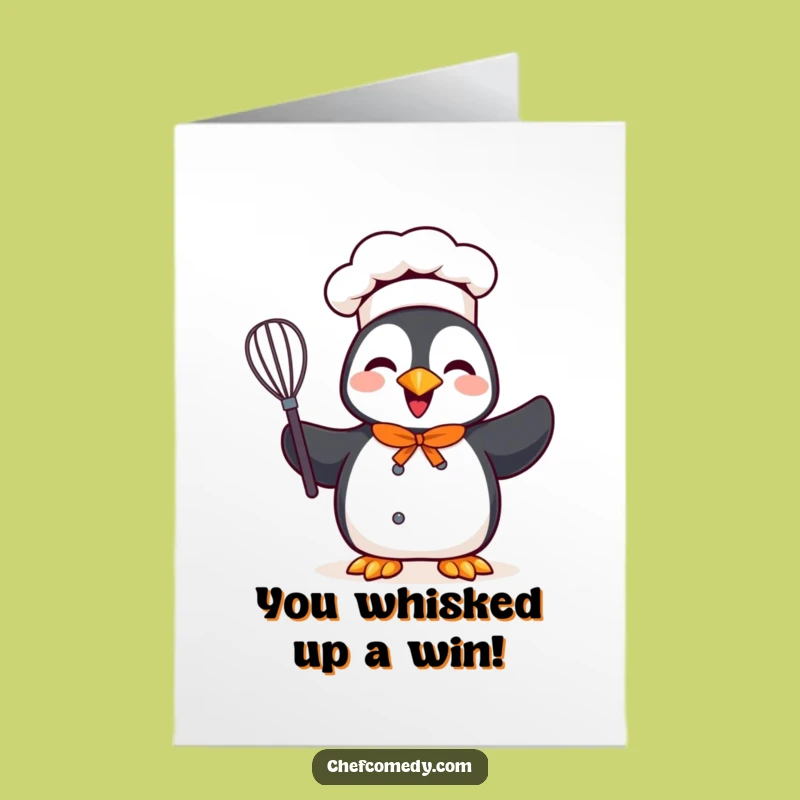 Free Printable Congrats Card: Funny Penguin Chef Whisking Success, Humorous Downloadable Gift