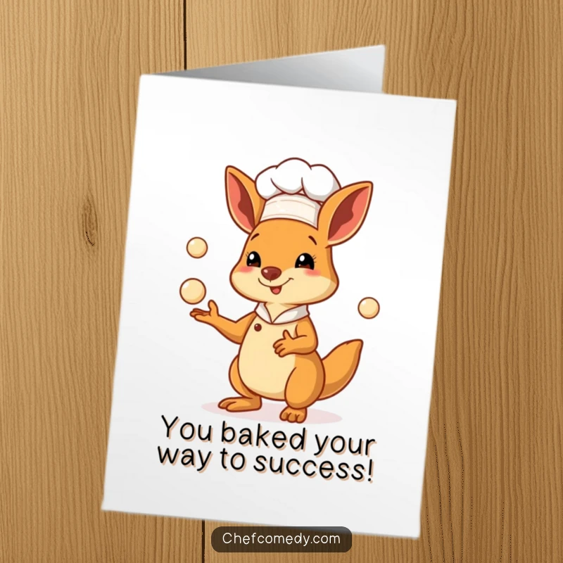 Funny Free Printable Congratulations Card featuring a kangaroo chef juggling miniature pastry dough balls, celebrating culinary success.
