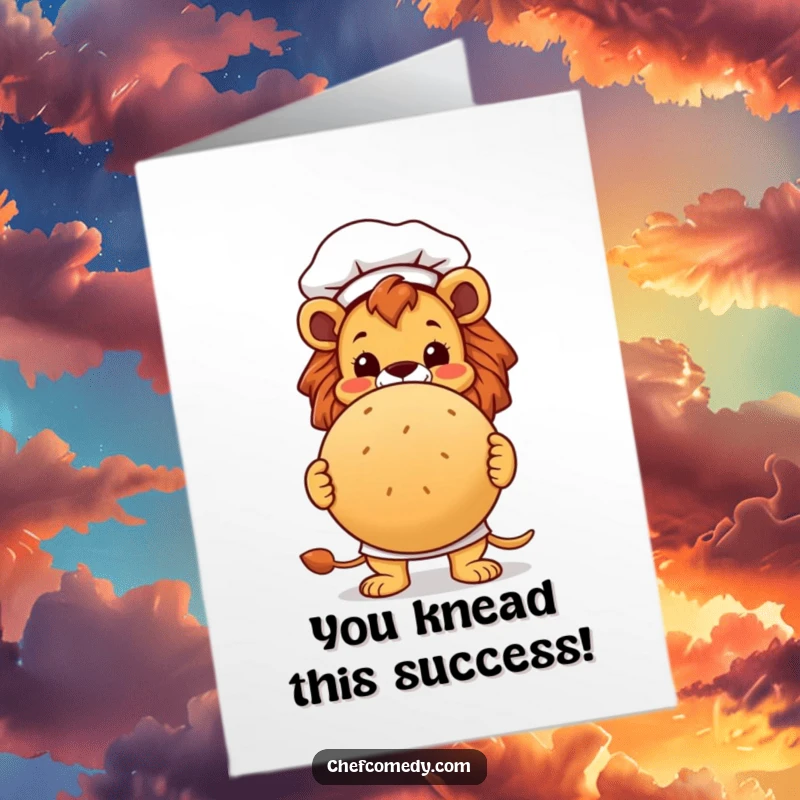 Funny Free Printable Congratulations Card: Lion chef beaming with pride, holding a freshly baked loaf of bread, celebrating success.