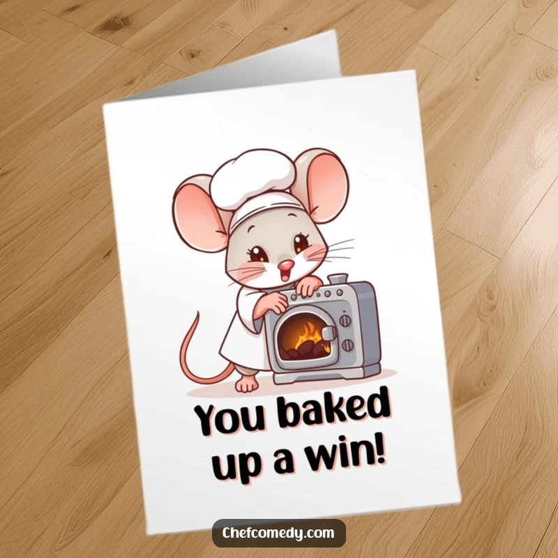 Funny Free Printable Congratulations Card: Determined mouse chef fanning a miniature oven, celebrating a successful bake or achievement.