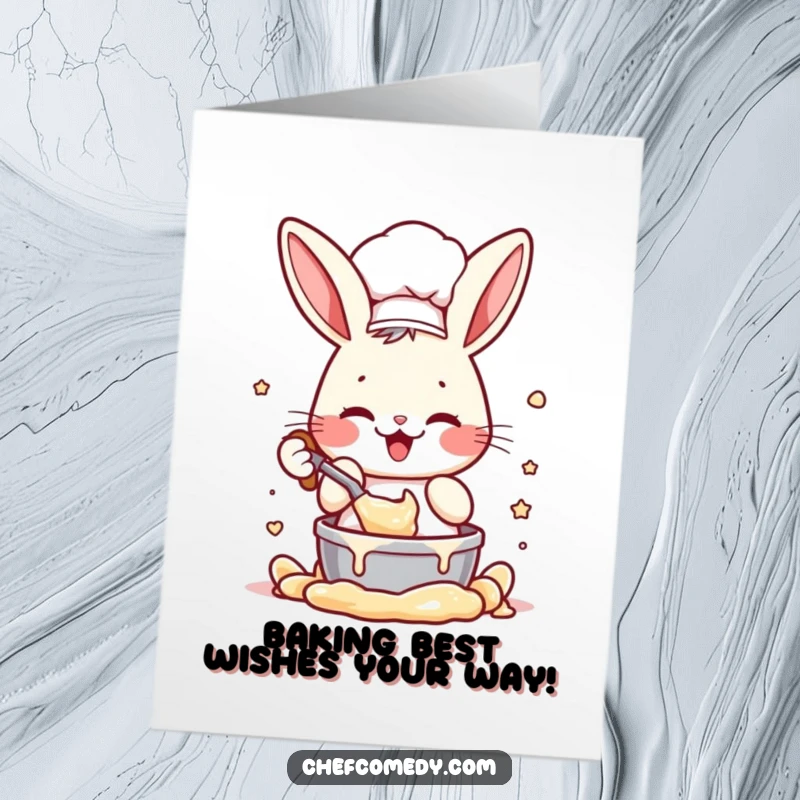 Funny Free Printable Congrats Card showing a rabbit chef energetically mixing batter, celebrating a big win.