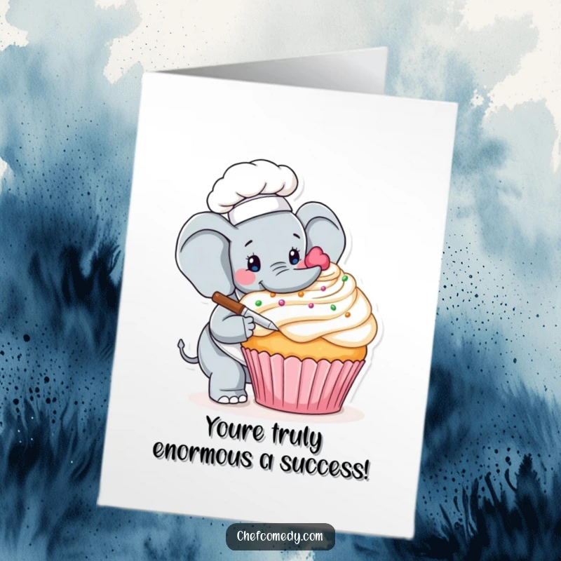Free Printable Congratulations Card: An elephant chef carefully adorns a huge cupcake, signifying the sweet rewards of hard work.