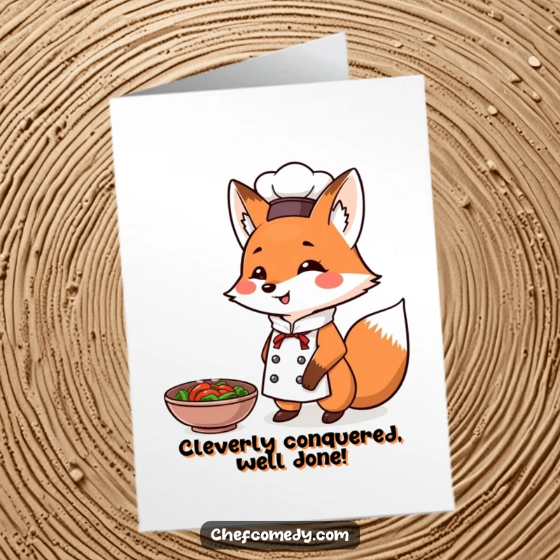 Funny Free Printable Congratulations Card: Fox chef triumphantly presents a steaming dish, a successful downloadable gift.