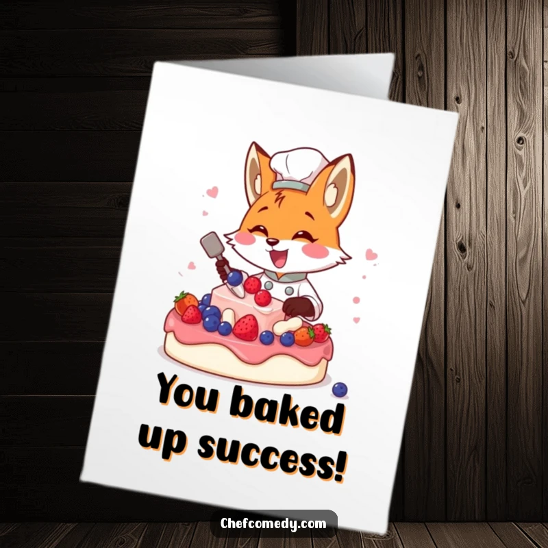 Funny Free Printable Congratulations Card: Fox chef with a whisk and berries, cheering for your amazing accomplishment.