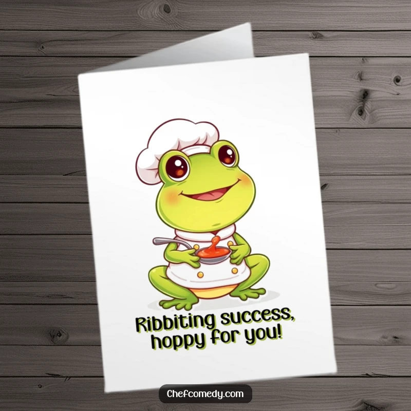 Funny Free Printable Frog Chef Card: A happy frog chef savors a spoonful of sauce, cheering for your accomplishment.