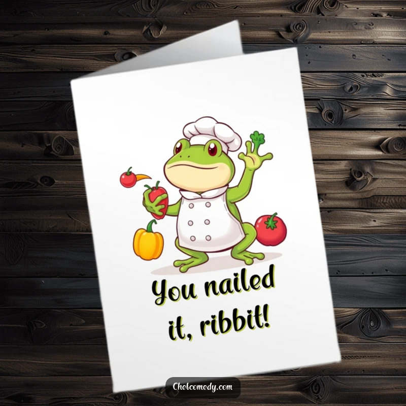 Funny Free Printable Congratulations Card: A skilled frog chef juggles vegetables, celebrating a successful achievement.