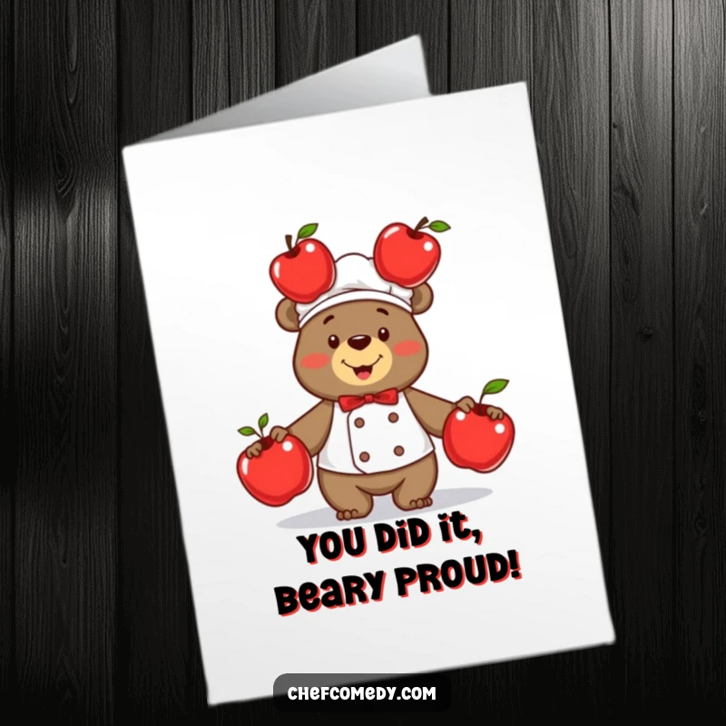 Funny Free Printable Bear Chef Congratulations Card: Proud bear chef happily juggles three red apples in celebration.