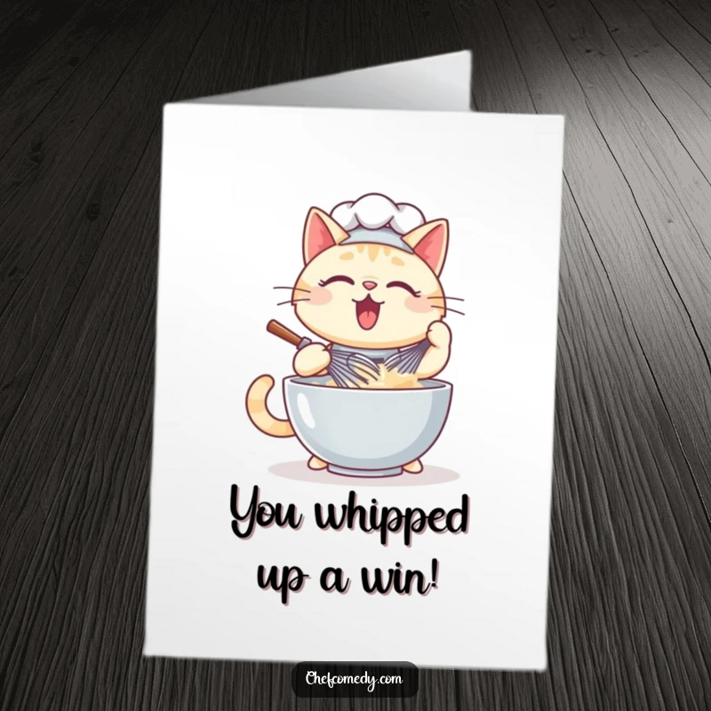 Funny Free Printable Congratulations Card: A cute kawaii cat chef energetically whisking a big bowl of batter.