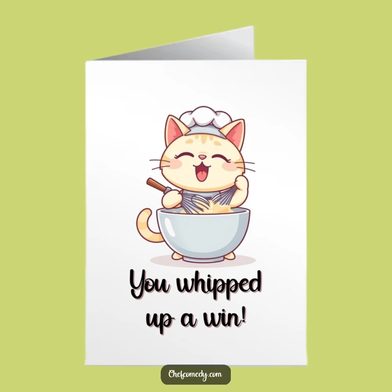 Free Printable Kawaii Cat Congrats Card: Whisked to Success - Downloadable Chef Art