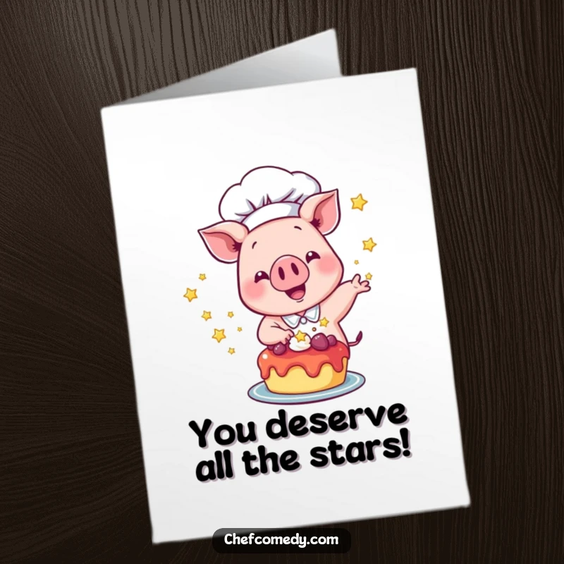 Funny Free Printable Congratulations Card: Pig chef excitedly sprinkles stars on a dessert, a stellar downloadable gift.