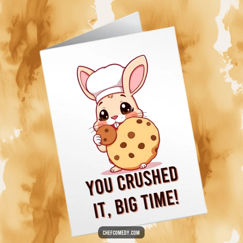 Funny Free Printable Congratulations Card: Rabbit chef enjoys a giant cookie with wide eyes, a delightful downloadable gift.