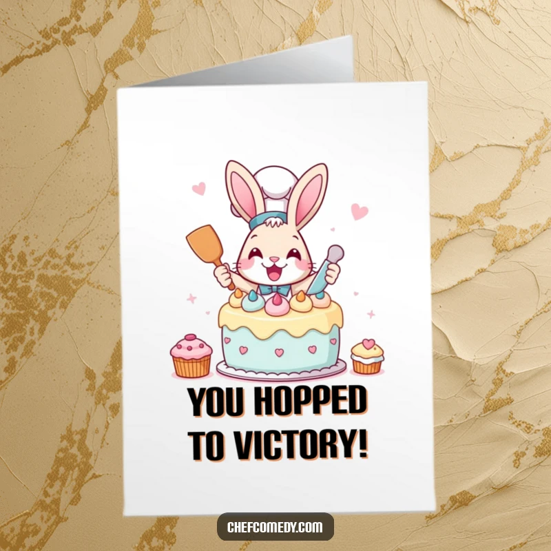 Funny free printable congratulations card with an excited rabbit chef frosting a whimsical cake, celebrating a delicious success.