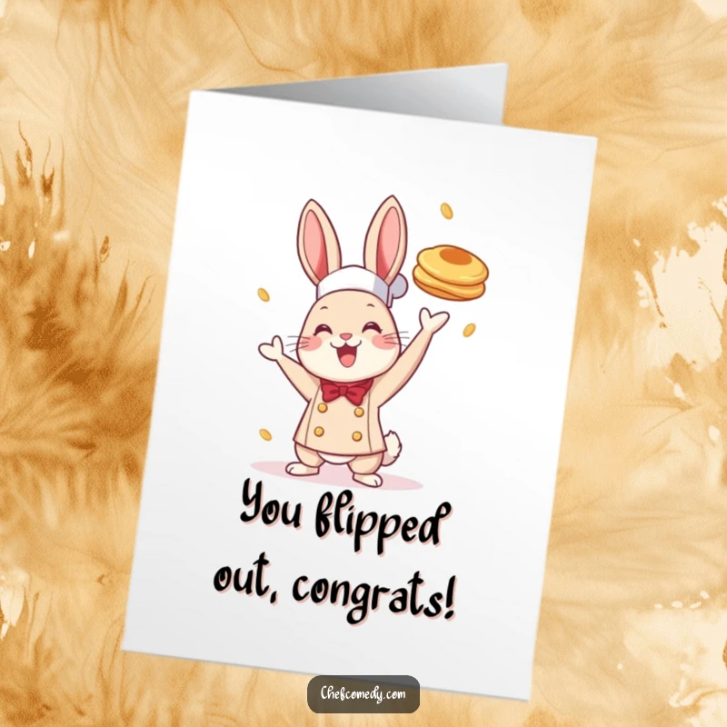 Funny Free Printable Congrats Card: A cheerful rabbit chef triumphantly tossing a pancake high in the air for congratulations.