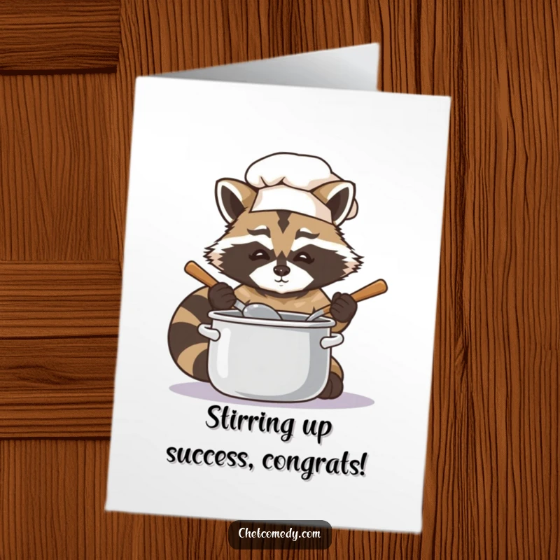 Funny free printable congratulations card showing a focused raccoon chef stirring a pot, signifying a well-earned victory.
