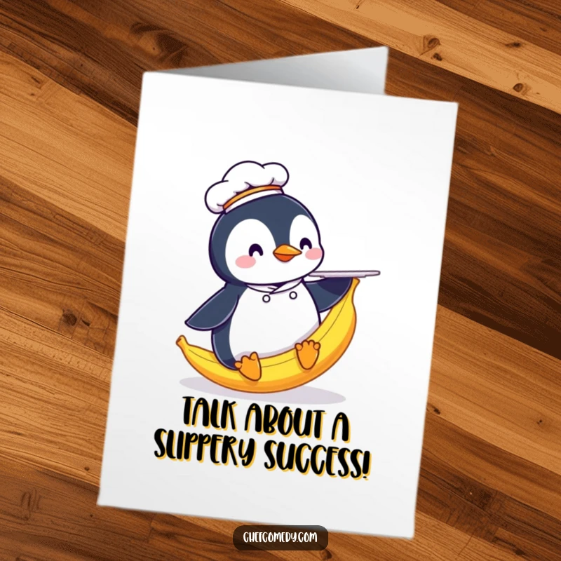 Funny Free Printable Congratulations Card: Penguin chef slides on a banana peel, a comical downloadable gift.