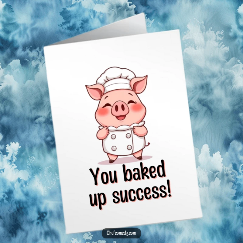 Funny Free Printable pig chef congratulations card, proudly presenting a steaming, oversized cupcake to celebrate success.