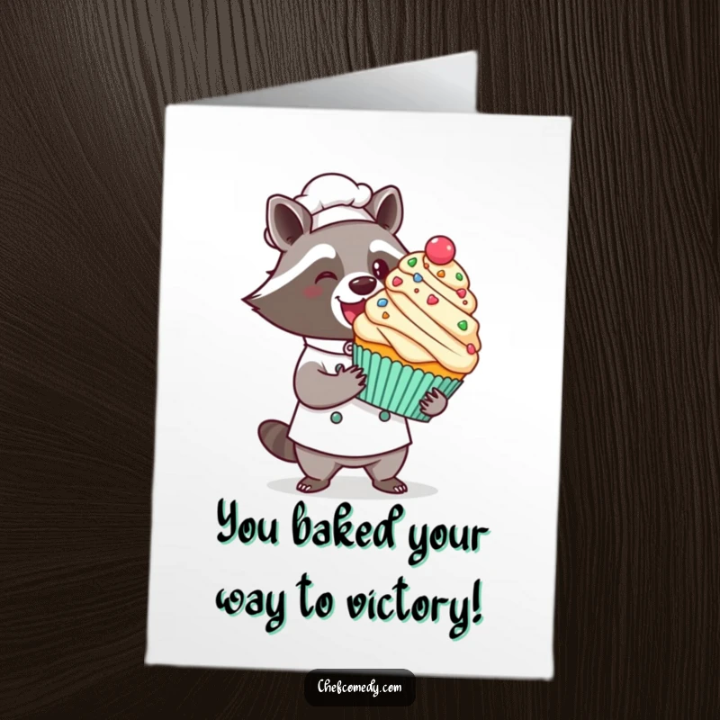 Funny Free Printable Congratulations Card: A kawaii raccoon chef proudly presents a giant, decorated cupcake with a flourish.