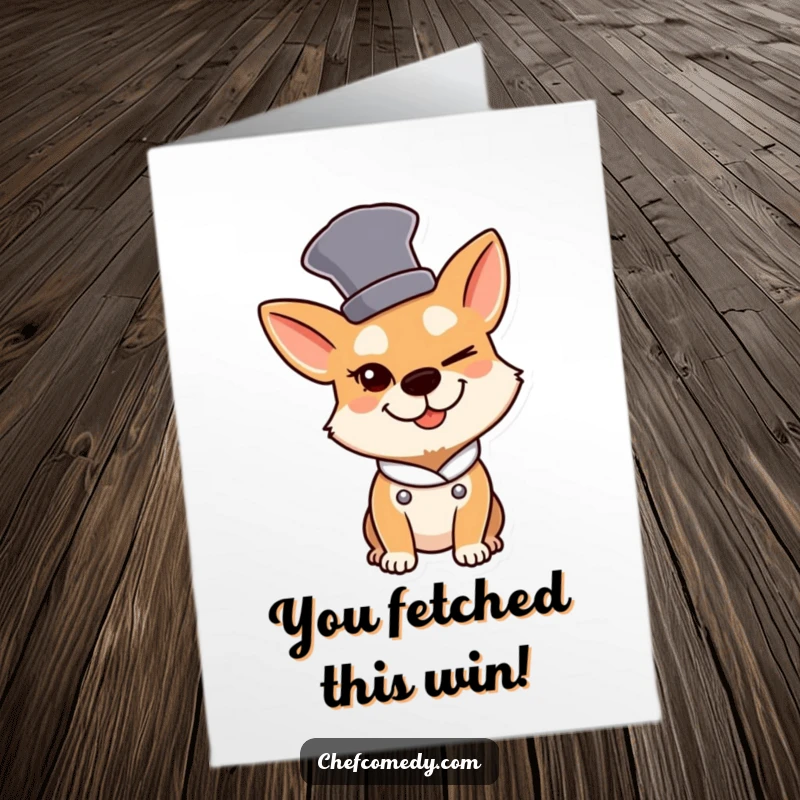 Funny Free Printable Congratulations Card: Winking dog chef in a tall hat, celebrating clever success.