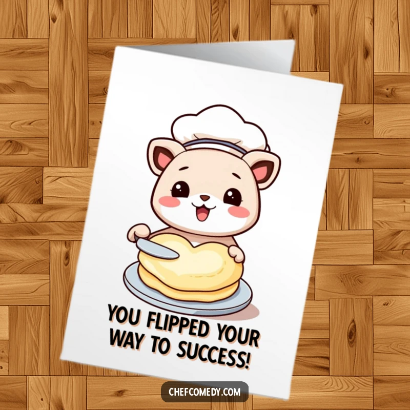 Funny Free Printable Congrats Card: Kawaii animal chef wearing a hat, expertly flipping a heart-shaped pancake in celebration.