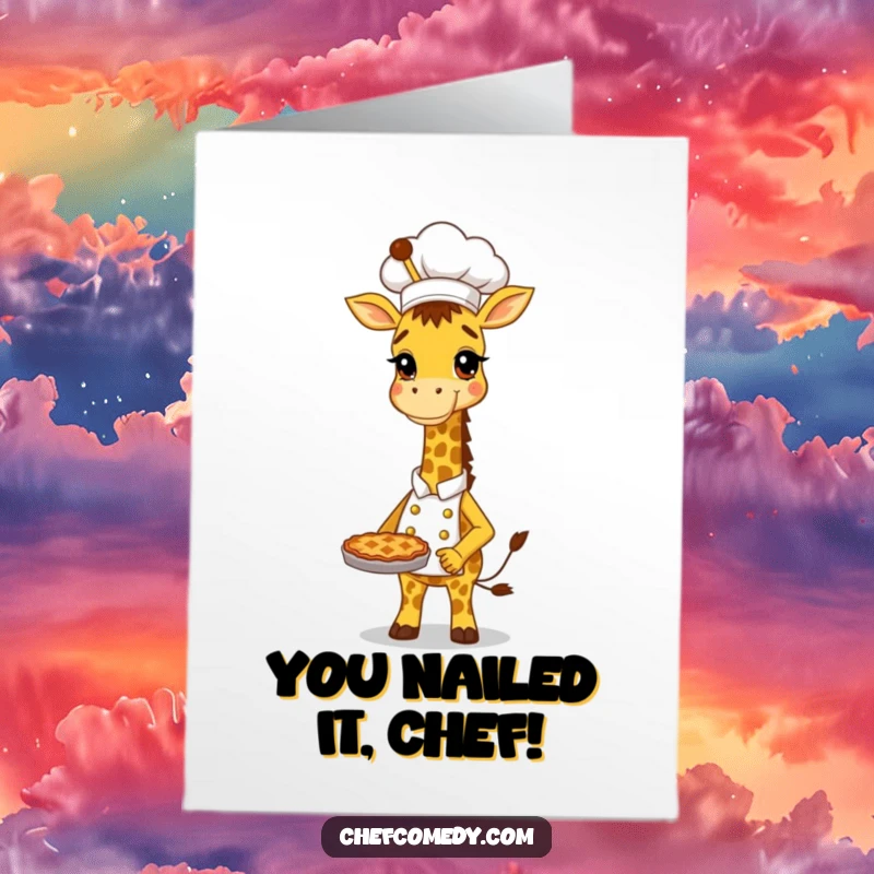 Funny Free Printable Congrats Card: Tall, proud giraffe chef presents a pie, celebrating your wonderful achievement with delicious humor.