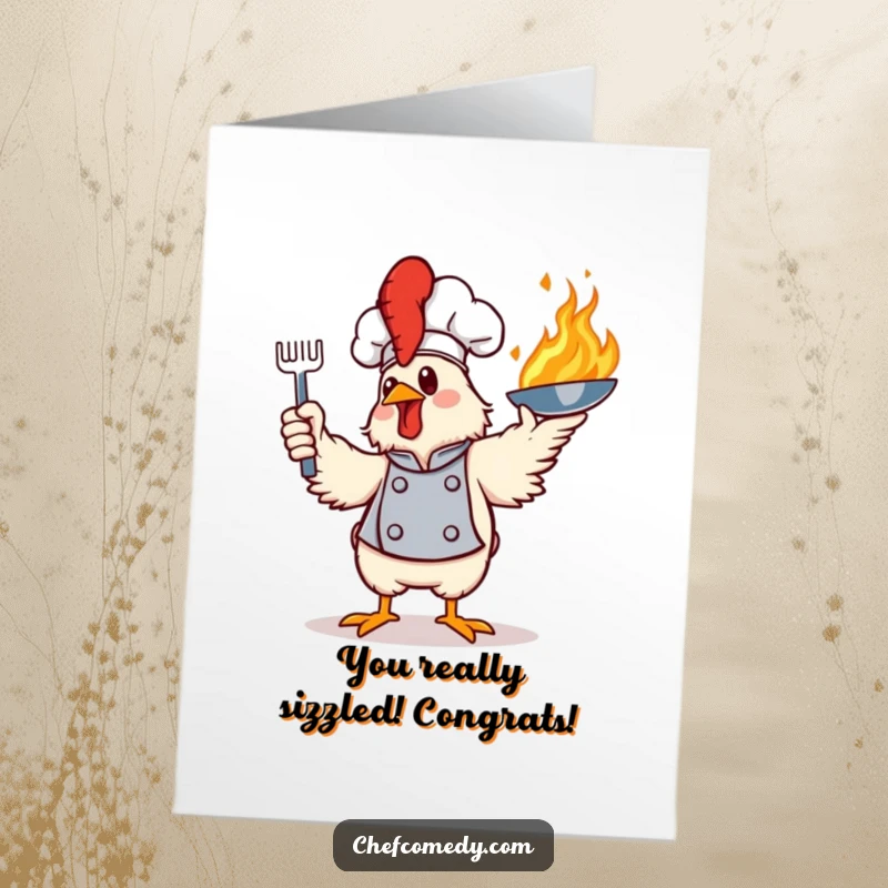 Free Printable Congratulations Card: A chicken chef gleefully tosses a flaming pan, celebrating a spectacular success with flair.