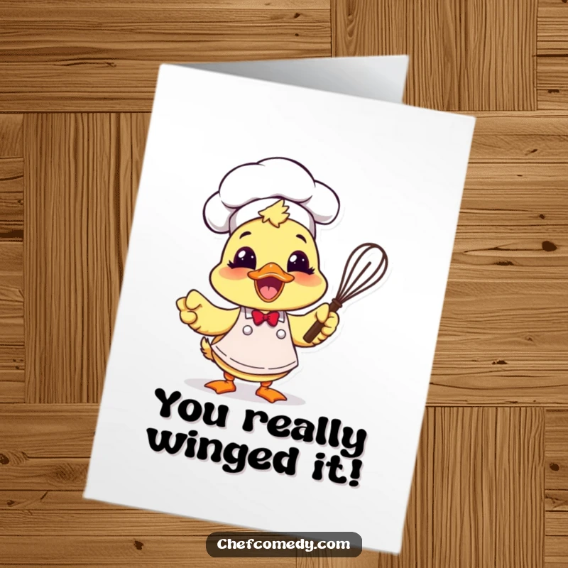 Funny Free Printable Duck Chef Card: An excited duck chef holds a whisk, celebrating your wonderful accomplishment.