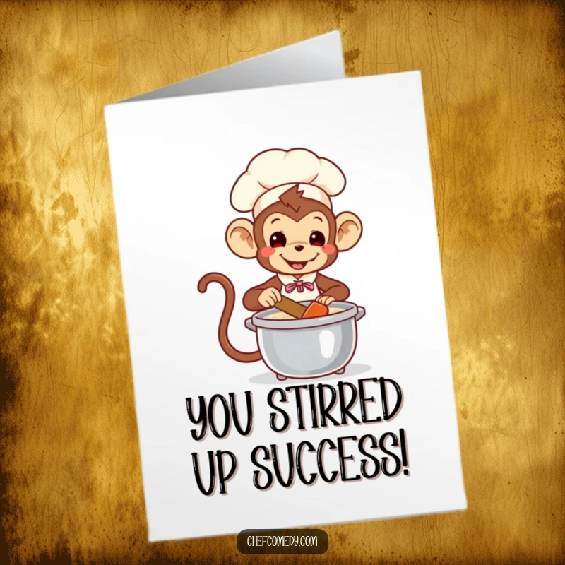 Funny Free Printable Congrats Card: Playful monkey chef stirs a pot, celebrating your fantastic achievement with a cheerful vibe.