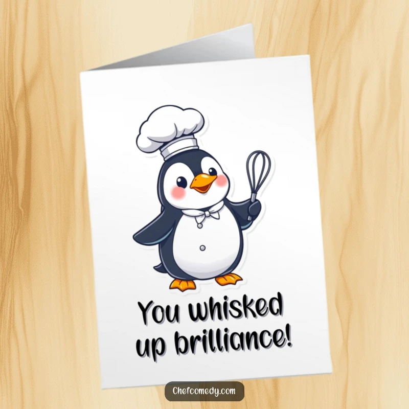 Funny Free Printable Congratulations Card: Penguin chef in a tall hat holding a whisk, ready to celebrate your amazing success.