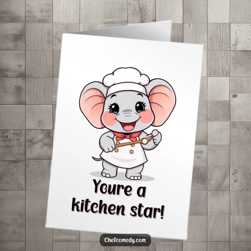 Funny Free Printable Congrats Card: Happy elephant chef beams while holding a giant spoon, congratulating your amazing success.