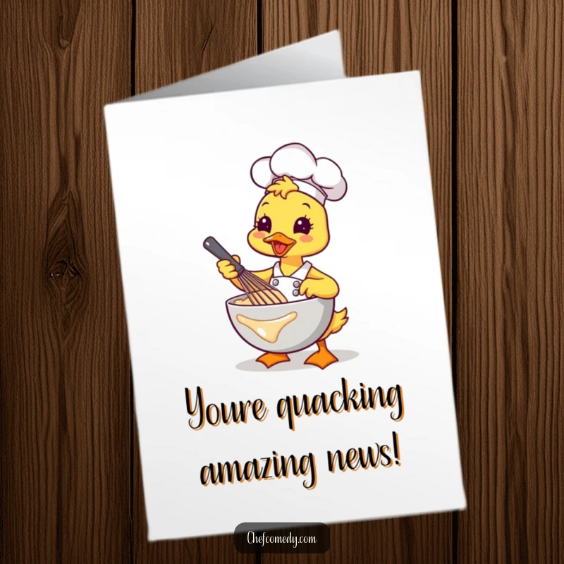 Funny free printable congratulations card: Kawaii duck chef energetically whisking batter, symbolizing a swift and successful achievement.